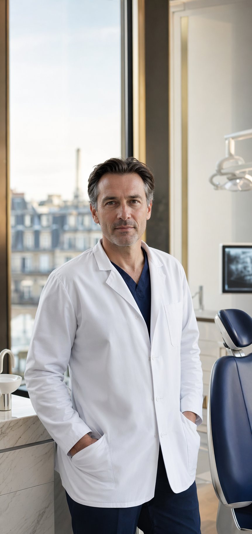Portrait du Dr. Laurent Mercier dans son cabinet d'implantologie a Paris